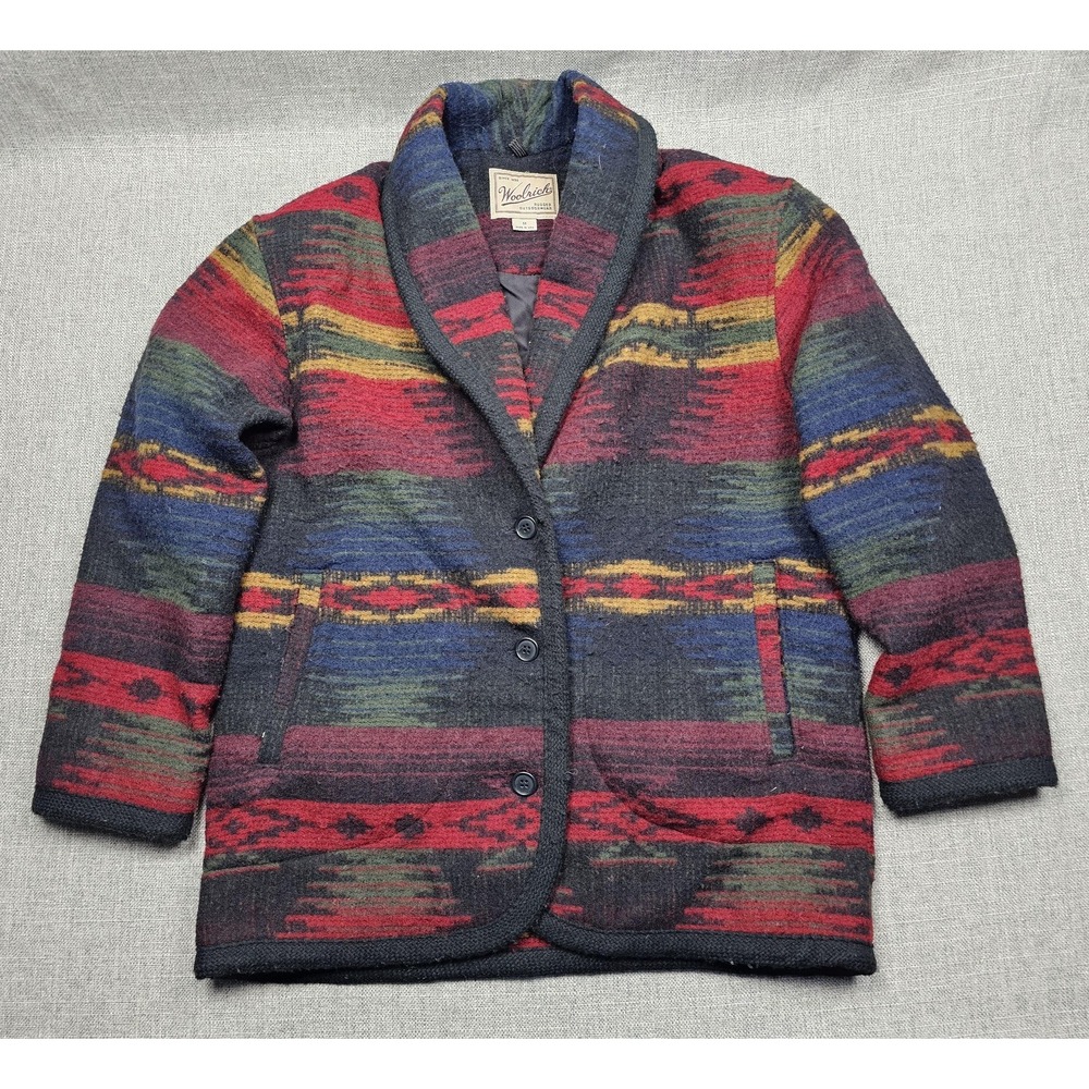 VTG Woolrich Coat Womens Medium Multicolor Wool Shawl‎ Collar Southwestern USA